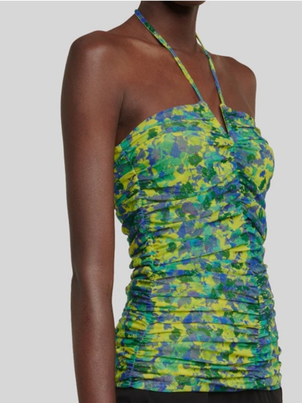Ganni Neon Blue & Green Floral Ruched Halter Top